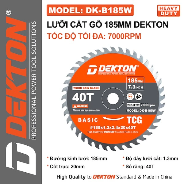 Lưỡi Cắt Gỗ 40 Răng 7000V/P Dekton DK-B185W