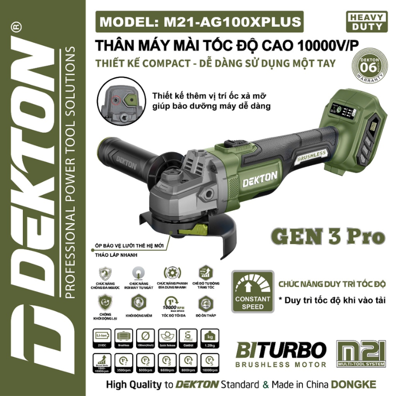 Máy Mài Góc Dekton AG100PLUS Model M21-AG100XPLUS Dùng Pin 21V Phổ Thông