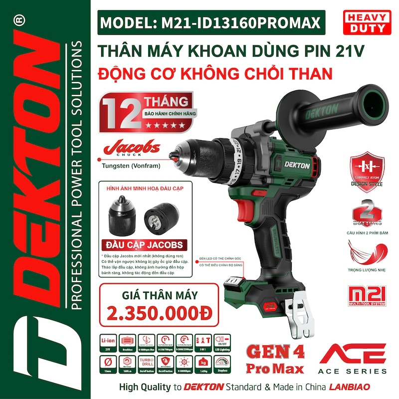 Máy Khoan Pin 21V Động Cơ Không Chổi Than DEKTON 160Nm M21-ID13160PROMAX