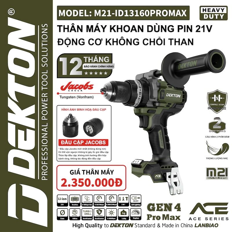 Máy Khoan Pin 21V Động Cơ Không Chổi Than DEKTON 160Nm M21-ID13160PROMAX
