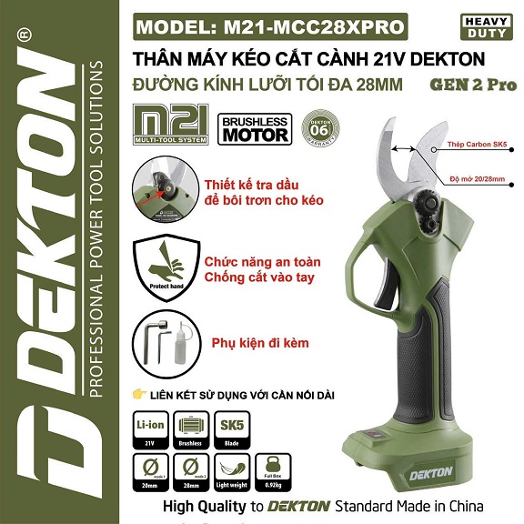 Kéo Cắt Cành Dekton M21-MCC28XPRO, Gen 2 Pro, Điện áp 21V