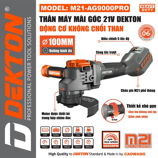 Máy Mài Góc Không Chổi Than 21V Dekton M21-AG9000PRO, đường Kính 100mm, 5 Tốc độ