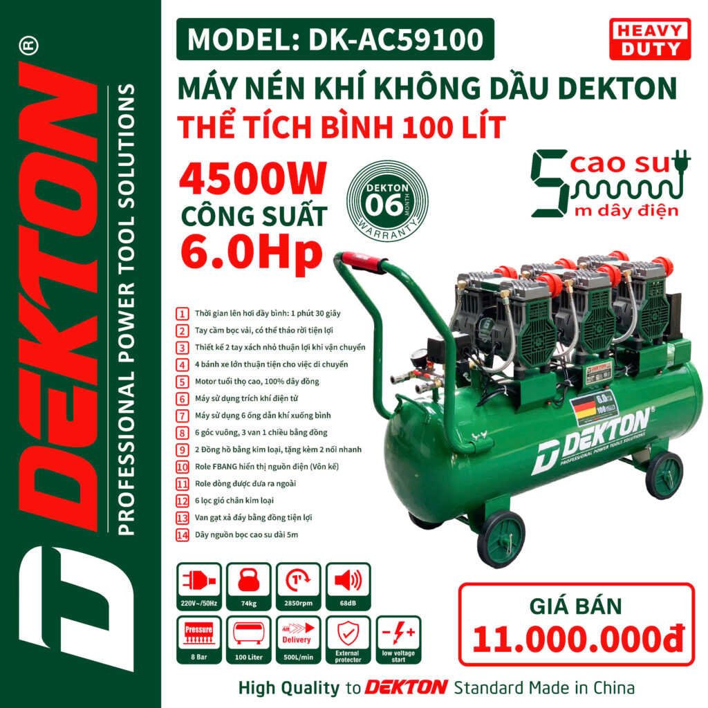 Máy Nén Khí Không Dầu Thể Tích 100 Lít DEKTON DK-AC59100