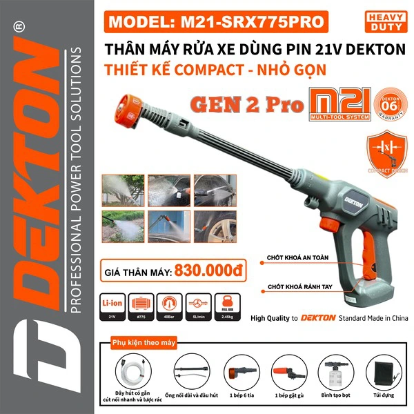Máy Rửa Xe Dùng Pin Dekton M21-SRX775PRO áp Lực 40 Bar