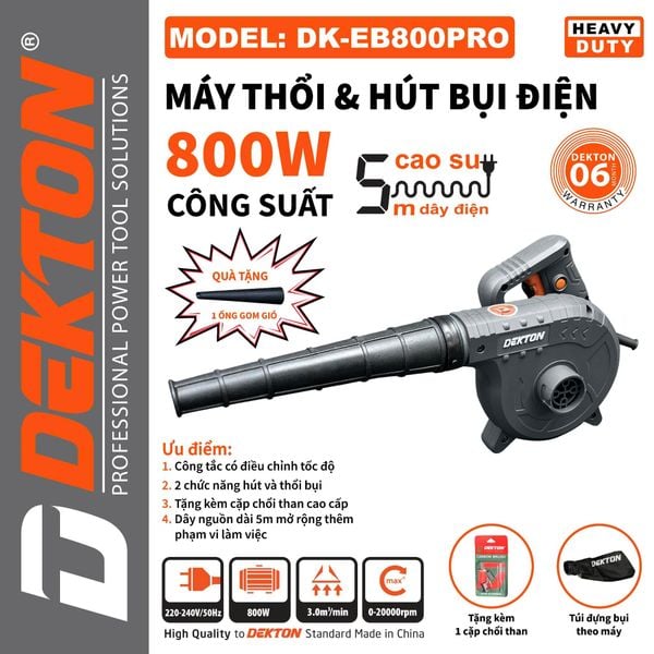 Máy Thổi Hút Bụi Dekton DK-EB800PRO 800W, Có Điều Tốc, Dây Nguồn 5M