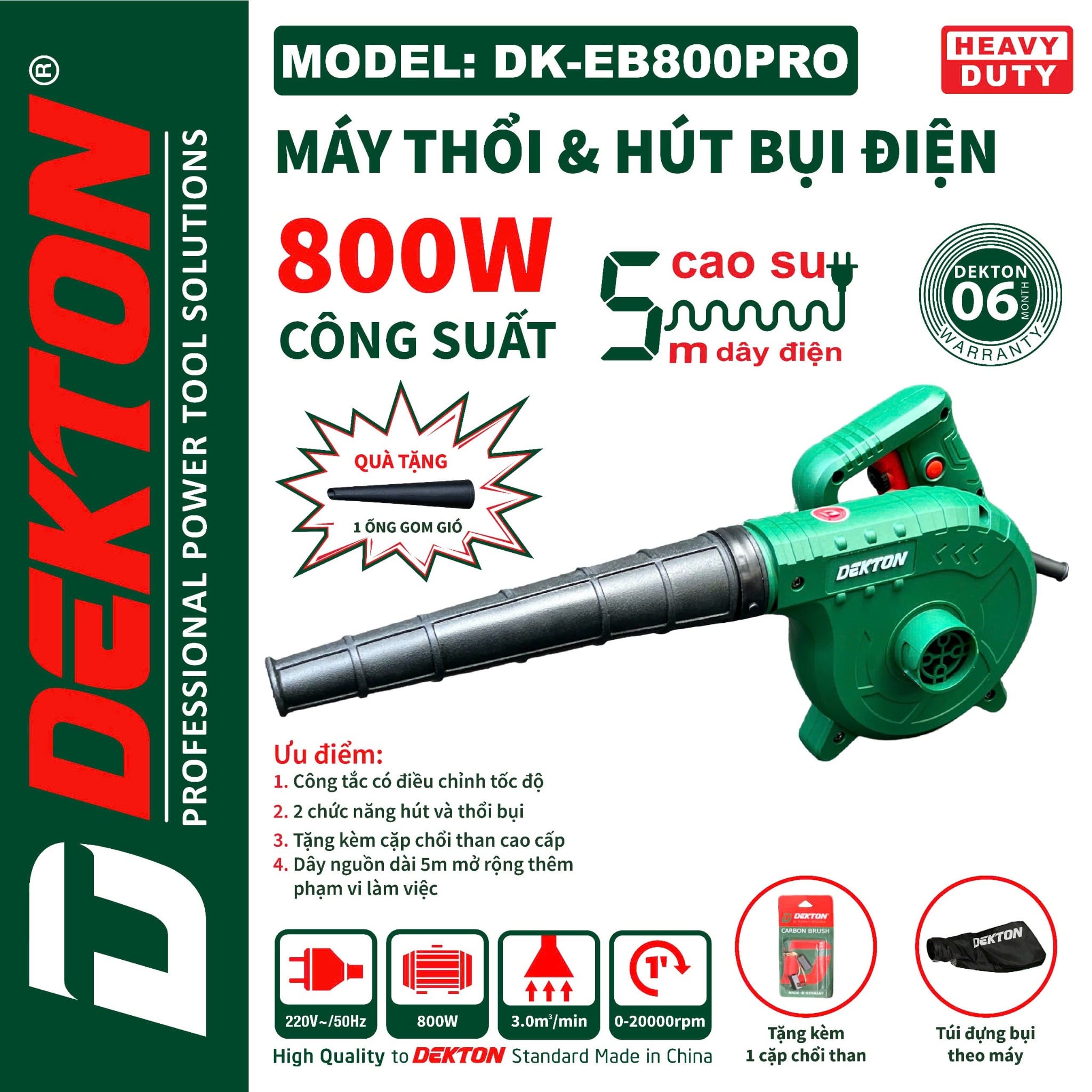 Máy Thổi Hút Bụi Dekton DK-EB800PRO 800W, Có Điều Tốc, Dây Nguồn 5M