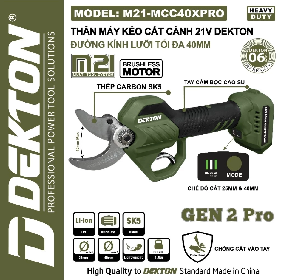 Kéo Cắt Cành Pin DEKTON M21-MCC40XPRO, Không Chổi Than, Có Chống Cắt Vào Tay, Đường Kính Cắt 40mm