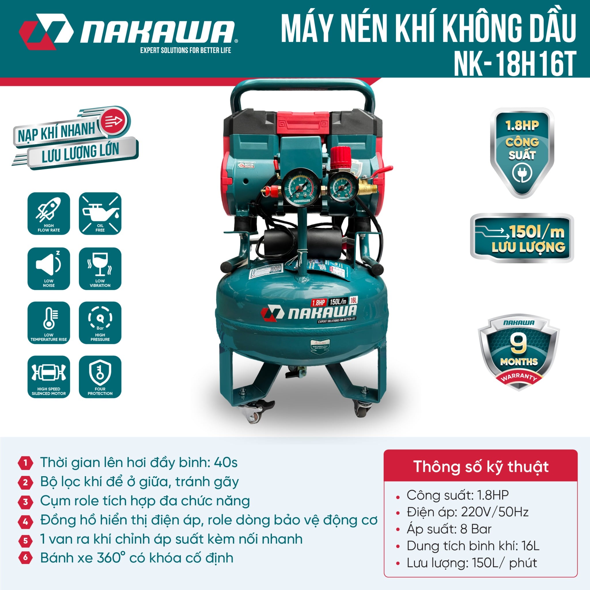 Máy Nén Khí Không Dầu 16L Nakawa NK-18H16L, Công Suất 1.8HP, Bảo Hành 9 Tháng Chính Hãng
