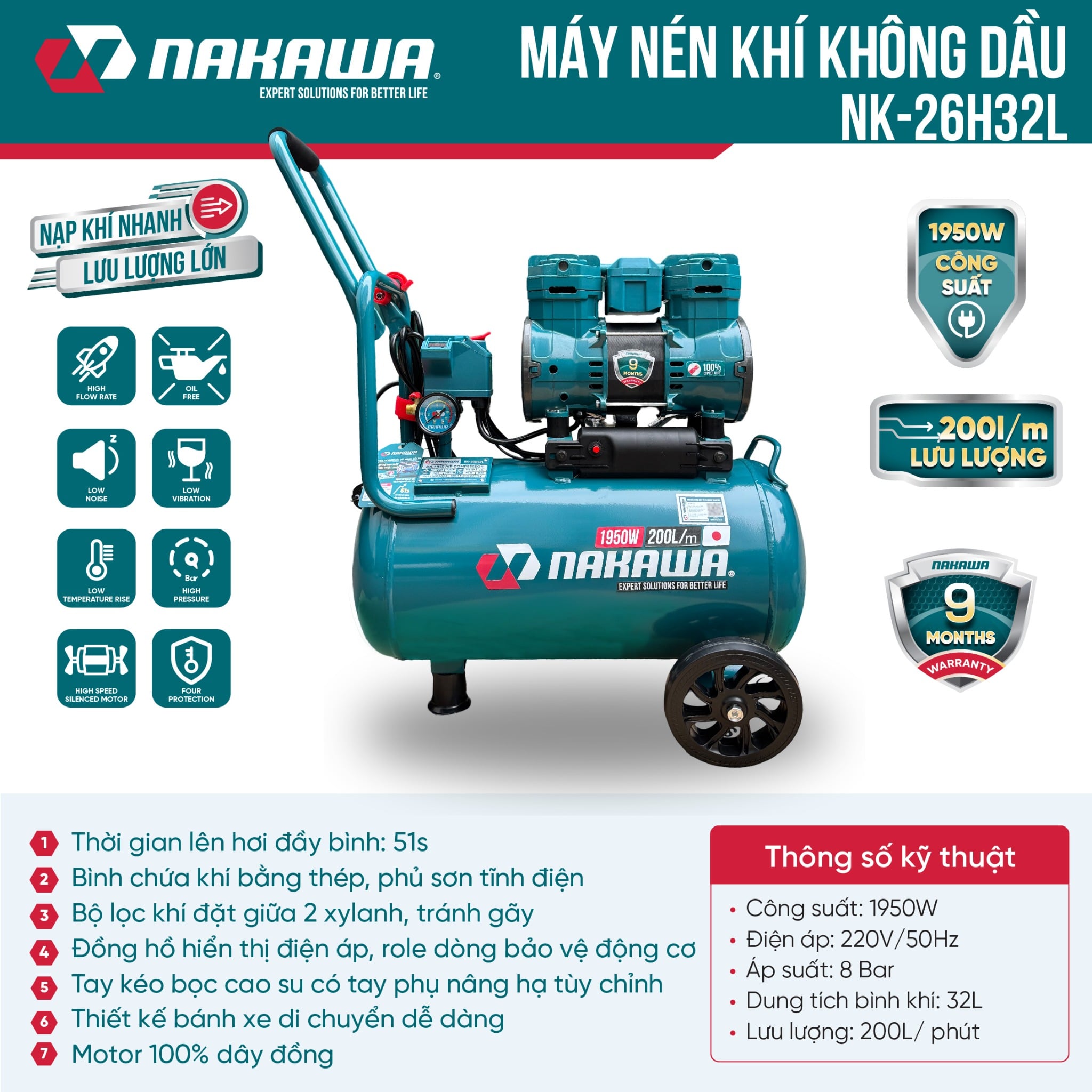 Máy Nén Khí Không Dầu 32L Nakawa NK-26H32L, Công Suất 2.6HP, Bảo Hành 9 Tháng Chính Hãng