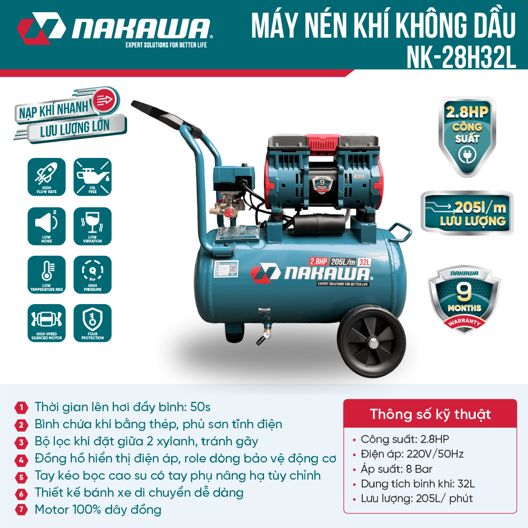 Máy Nén Khí Không Dầu 32L Nakawa NK-28H32L, Công Suất 2.8 HP, Bảo Hành 9 Tháng Chính Hãng