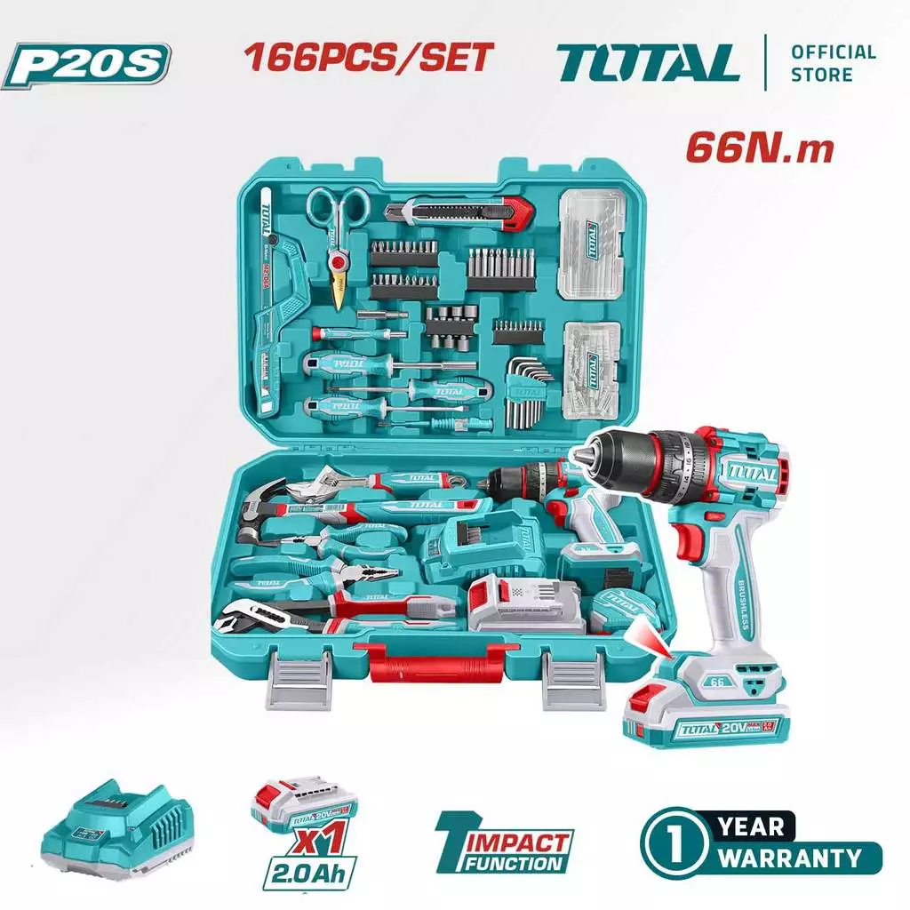 Bộ 166 Món Total THKTHP41667 Bao Gồm Máy Khoan Búa TIDLI20668 Không Chổi Than Dùng Pin 20V