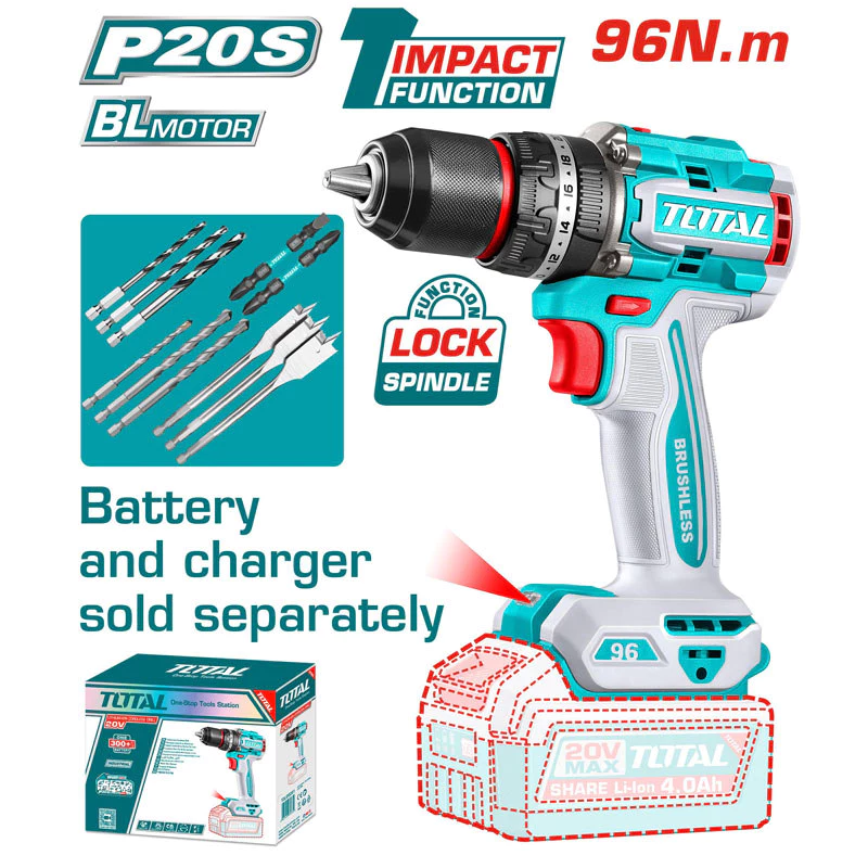 MÁY KHOAN BÚA KHÔNG CHỔI THAN DÙNG PIN 20V (KHÔNG KÈM PIN & SẠC) 96NM TOTAL TIDLI209681 - HÀNG CHÍNH HÃNG