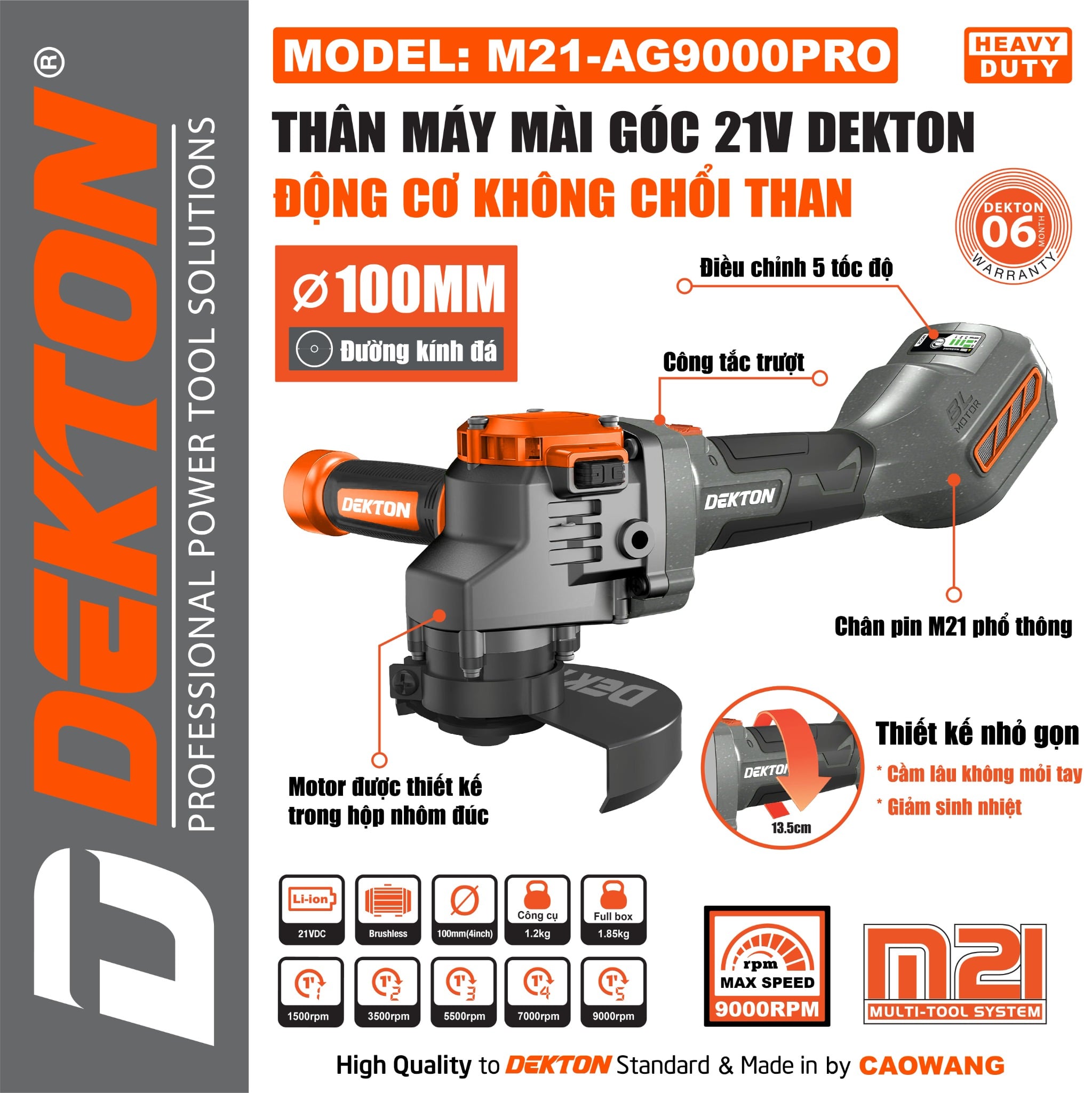 Thân Máy Mài Góc Dùng Pin 21V Dekton M21-AG9600PRO