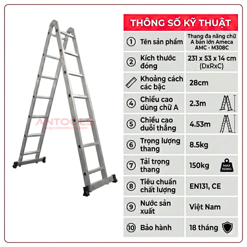 Thang Chữ A Đa Năng Bản Lớn 4m53 Ameca AMC-M308C