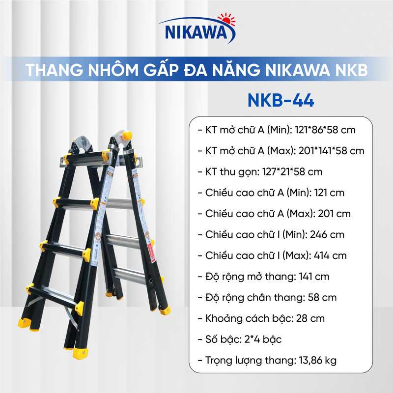 Thang Nhôm Rút Lồng Gấp Đa Năng 4 Bậc Nikawa NKB-44, Cao Chữ A 2m, Chữ I 4m14 NKB44 Chính Hãng