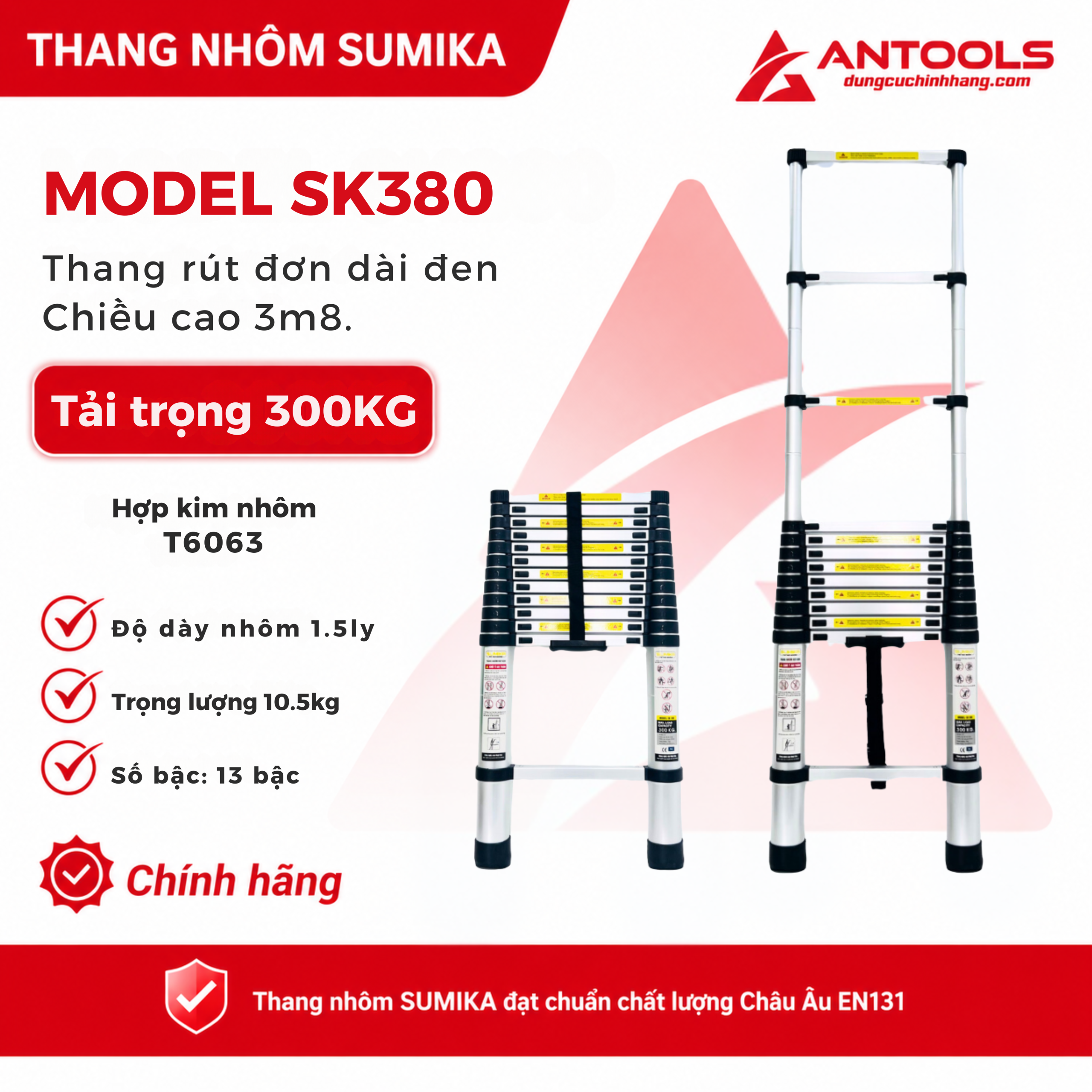 Thang Nhôm Rút Đơn Đai Đen Cao 3m8 Sumika SK380