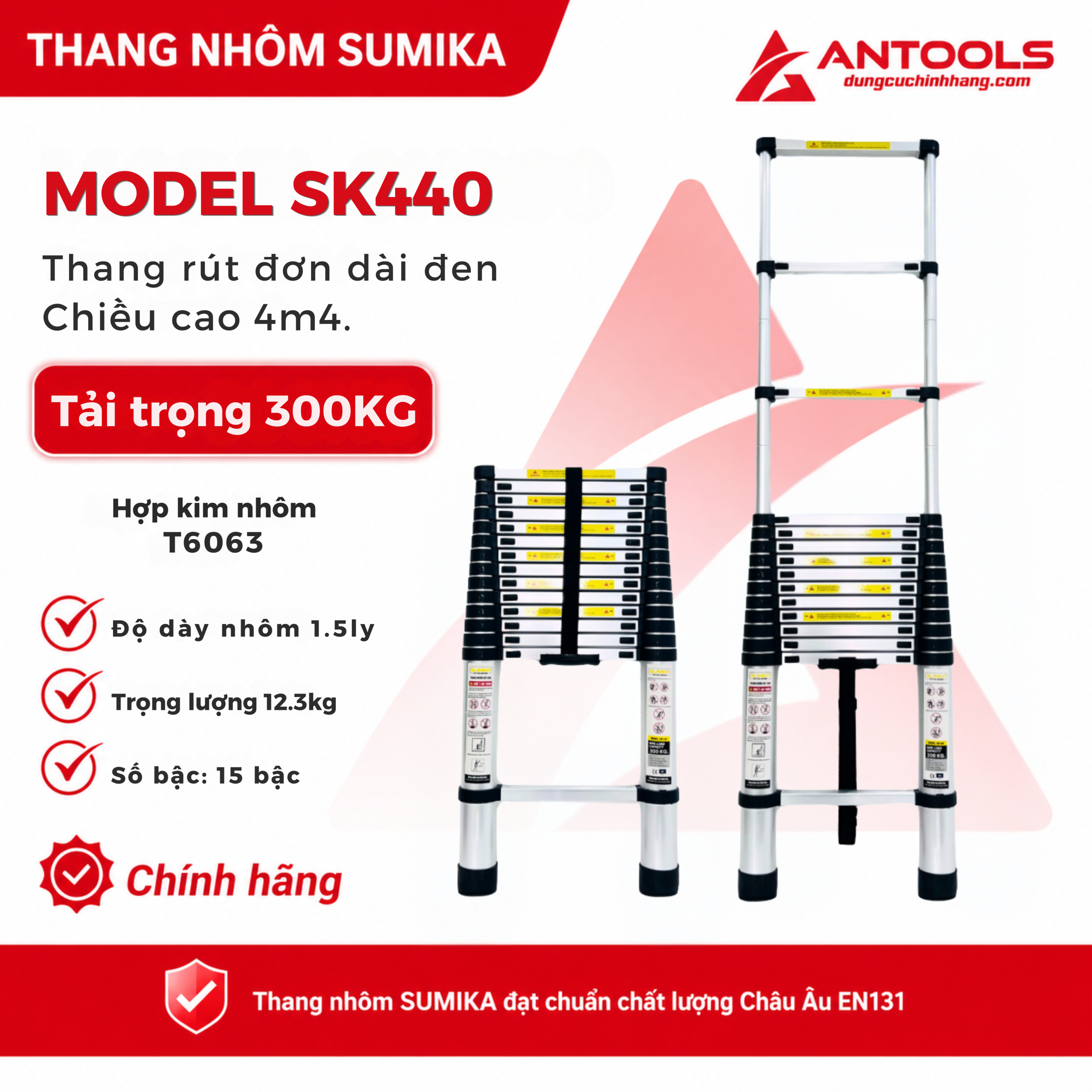 Thang Nhôm Rút Đơn Đai Đen Cao 4m4 Sumika SK440