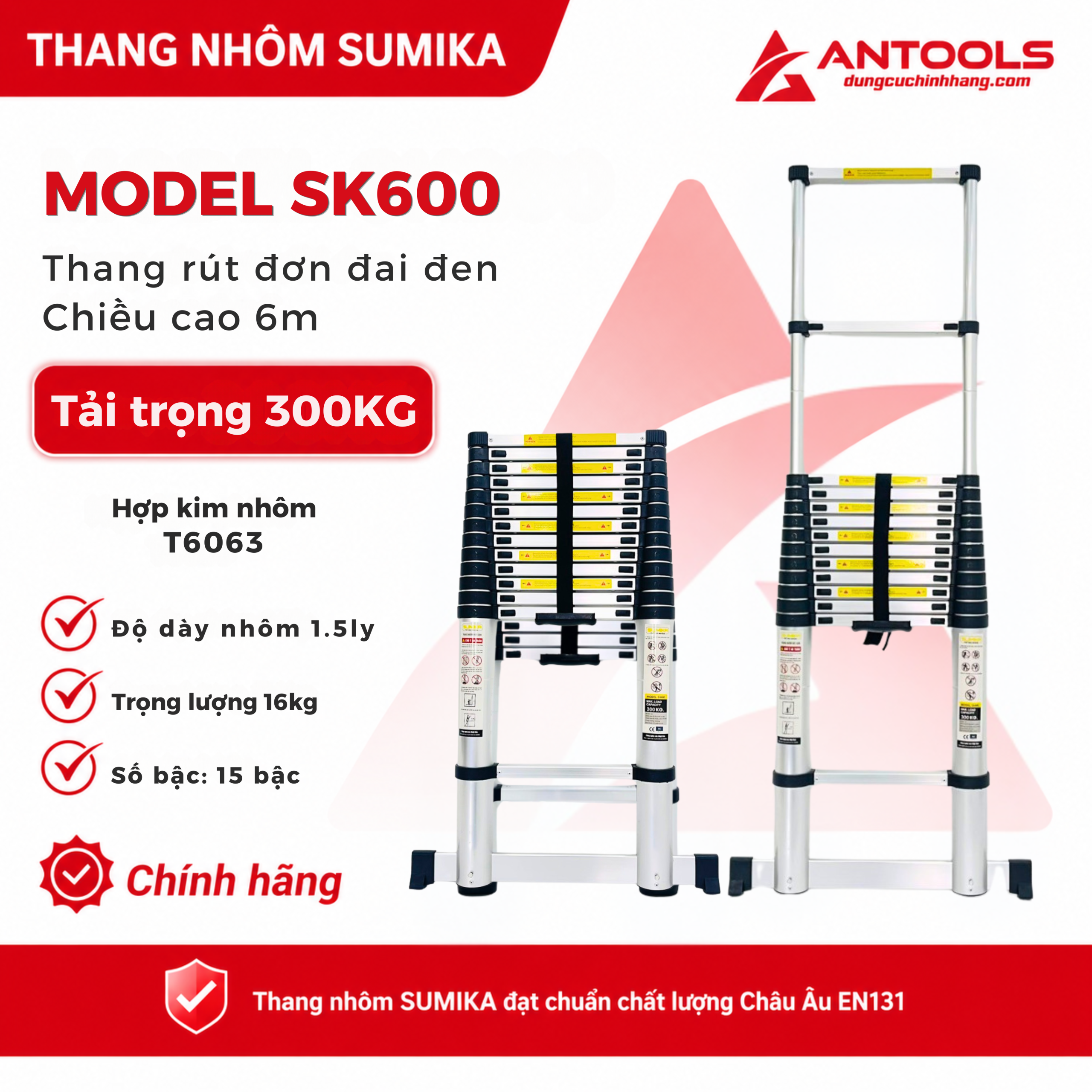 Thang Nhôm Rút Đơn Đai Đen Cao 6m Sumika SK600
