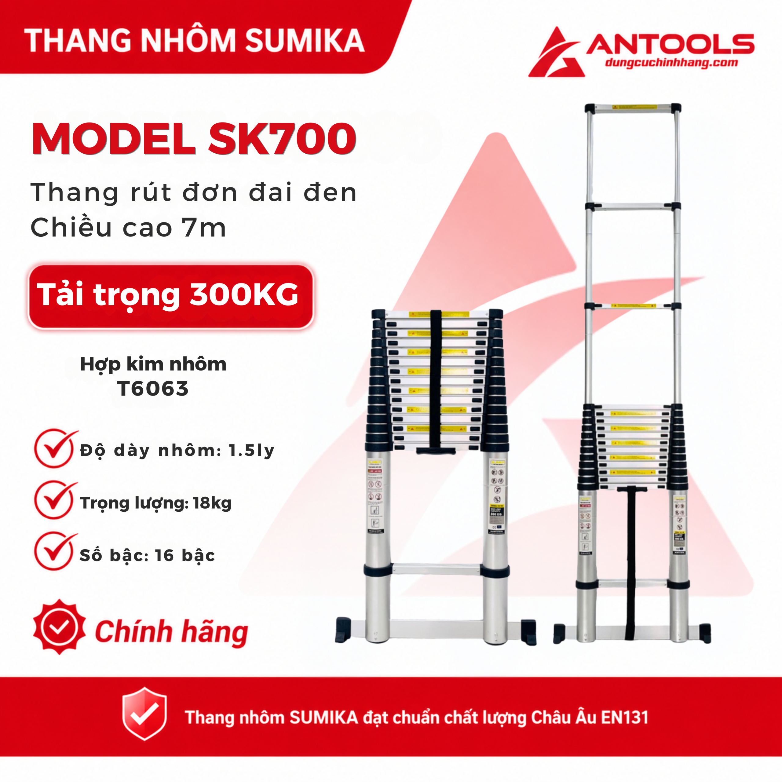 Thang Nhôm Rút Đơn Đai Đen Cao 7m Sumika SK700