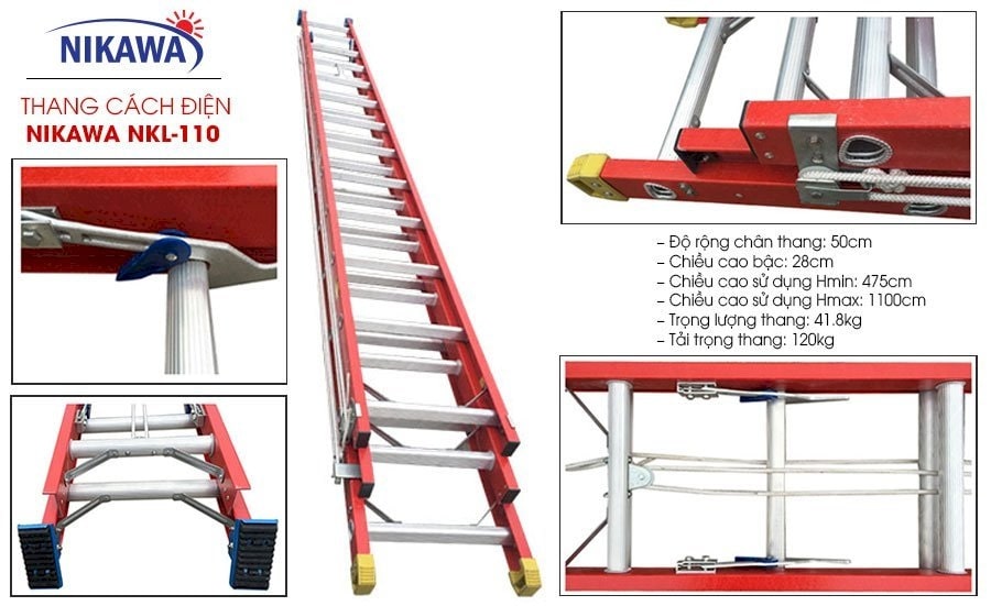 Thang Trượt Cách Điện Ba Đoạn Nikawa NKL-100, Cao 10m2, Tải Trọng 150kg