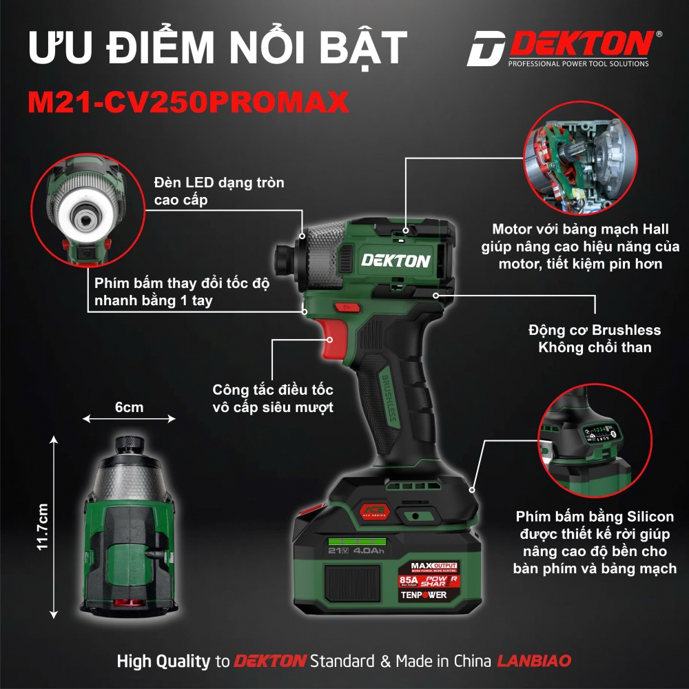 Máy Chuyên Vít Pin 21V Động Cơ Không Chổi Than DEKTON M21-CV250PROMAX