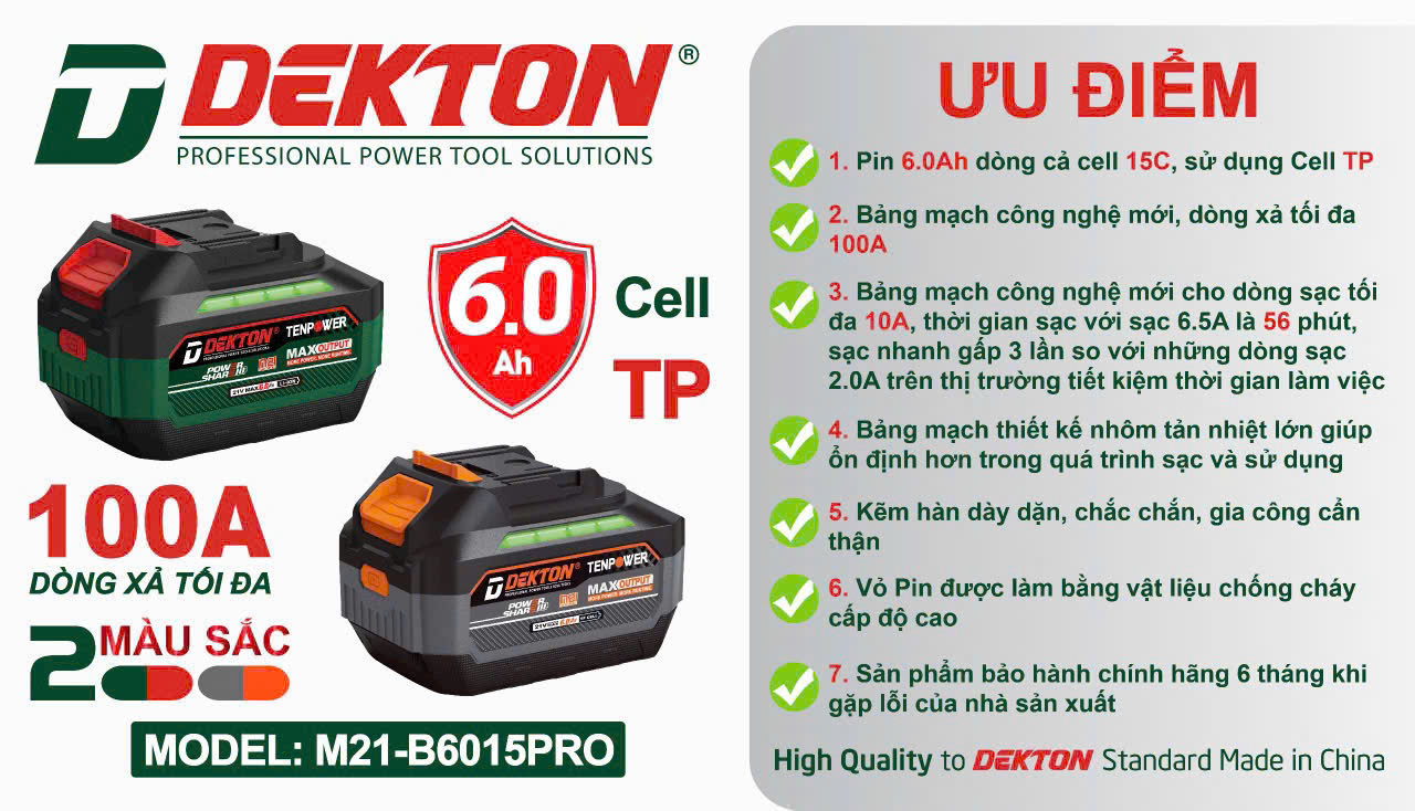 Pin DEKTON M21-B6015PRO Dòng Xả 6Ah Dung Lượng Chuẩn 6015PRO