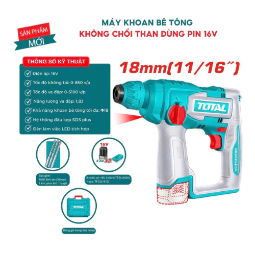 Máy Khoan Bê Tông Dùng Pin 16V Total TRHLI16168 (2 Pin 2.0Ah, 1 Sạc)