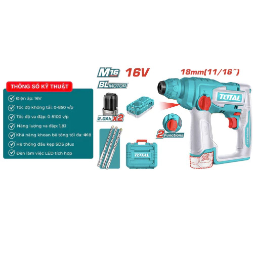 Máy Khoan Bê Tông Dùng Pin 16V Total TRHLI16168 (2 Pin 2.0Ah, 1 Sạc)