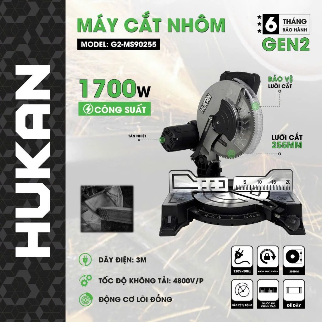 Máy Cắt Nhôm Hukan G2-MS90255 Công Suất 1700w Đĩa Cắt 255mm Chính Hãng Hukan