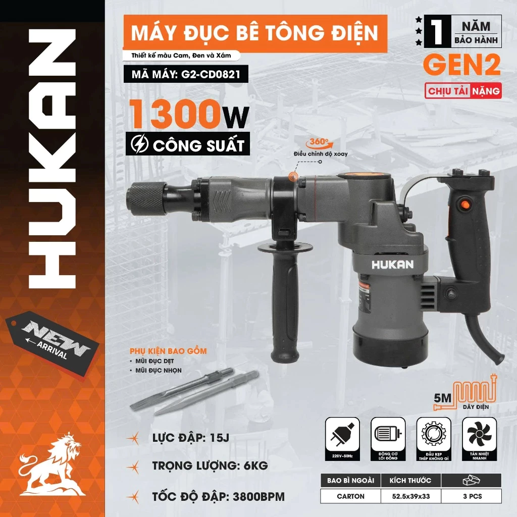 Máy đục Bê Tông HUKAN G2-CD0821, 17ly, Công Suất 1300W, Tặng 2 Mũi đục, Chính Hãng