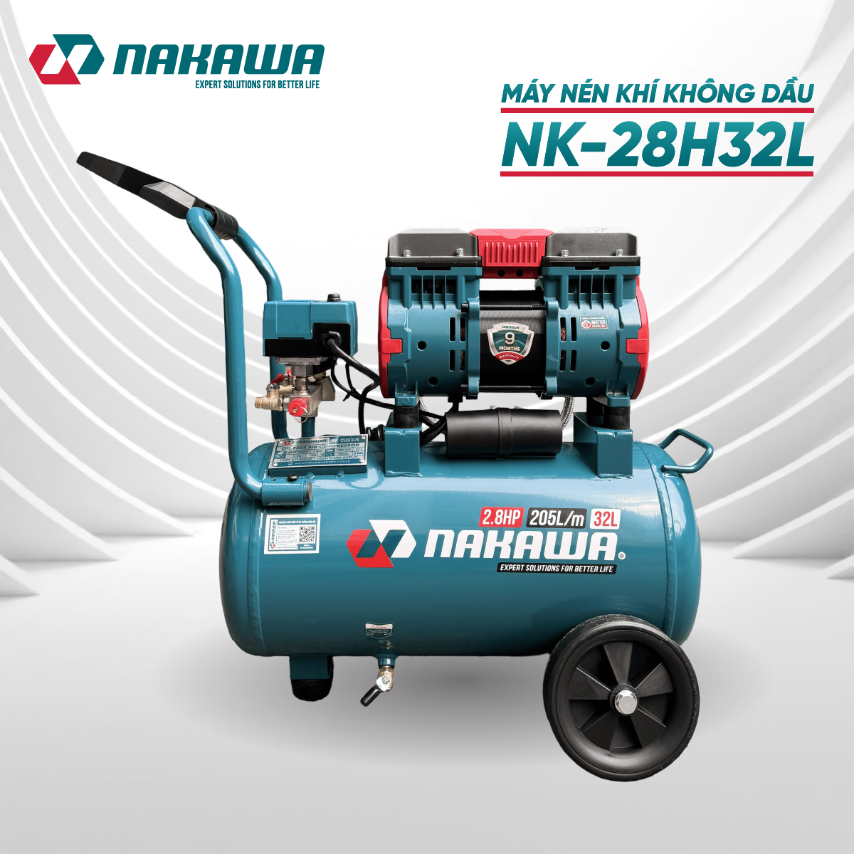 Máy Nén Khí Không Dầu 32L Nakawa NK-28H32L, Công Suất 2.8 HP, Bảo Hành 9 Tháng Chính Hãng