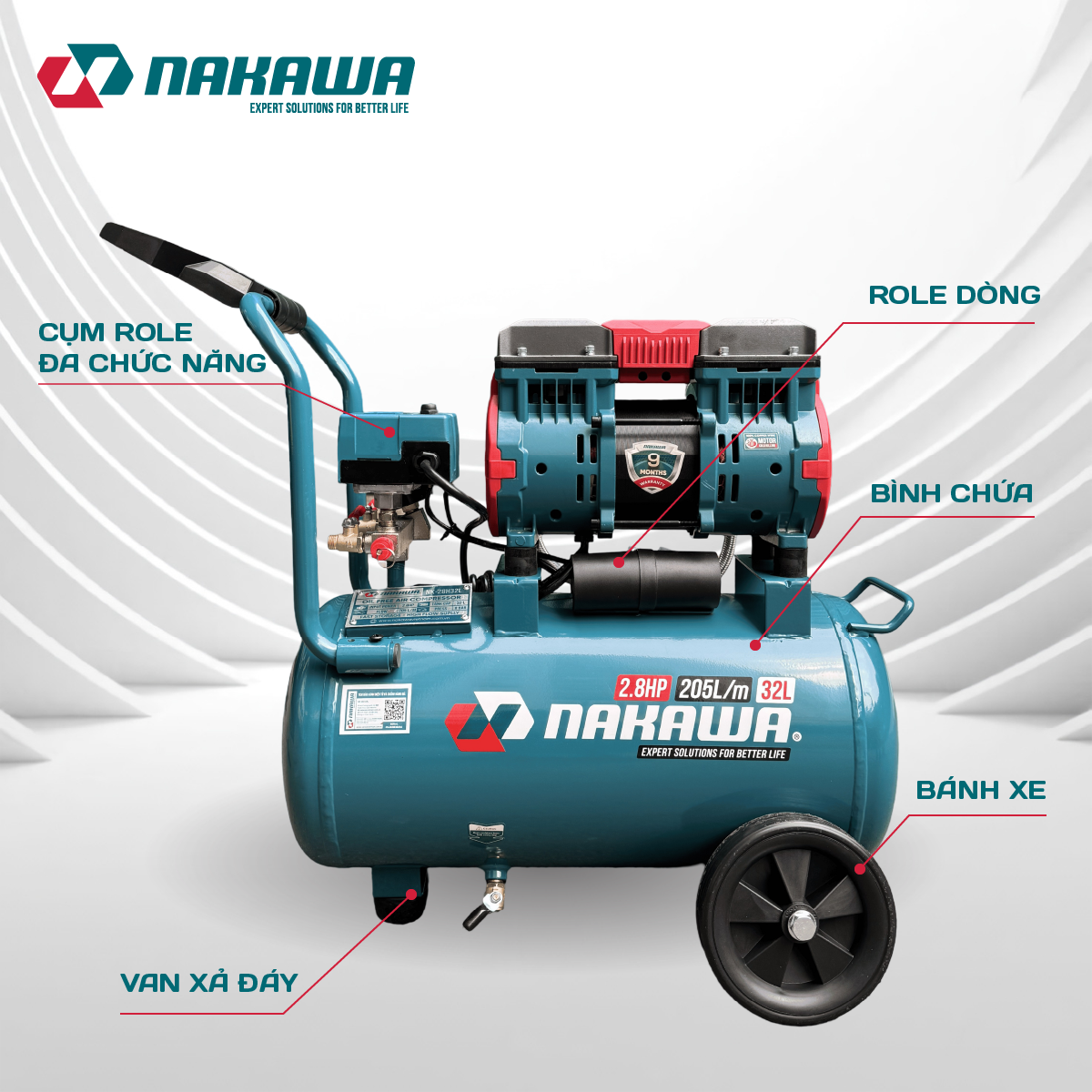Máy Nén Khí Không Dầu 32L Nakawa NK-28H32L, Công Suất 2.8 HP, Bảo Hành 9 Tháng Chính Hãng