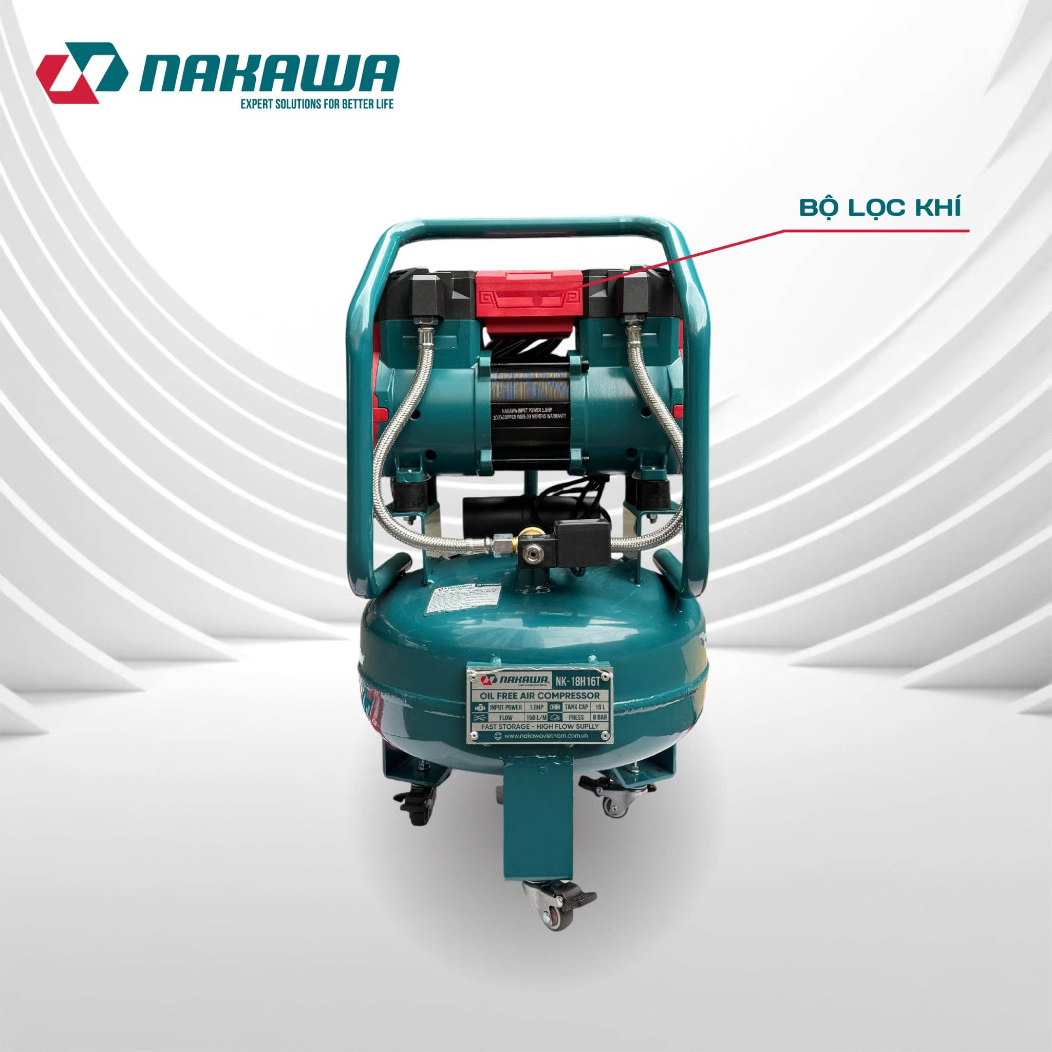 Máy Nén Khí Không Dầu 16L Nakawa NK-18H16L, Công Suất 1.8HP, Bảo Hành 9 Tháng Chính Hãng