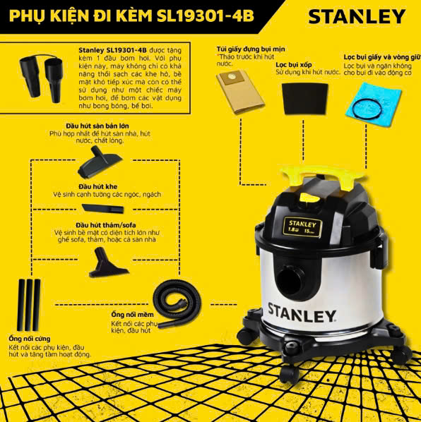 Máy Hút Bụi Gia Dụng Khô/Ướt/Thổi Stanley USA SL19301-4BA (4B)