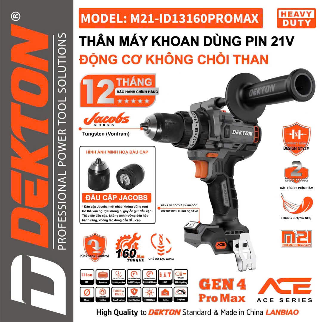 Máy Khoan Pin 21V Động Cơ Không Chổi Than DEKTON 160Nm M21-ID13160PROMAX