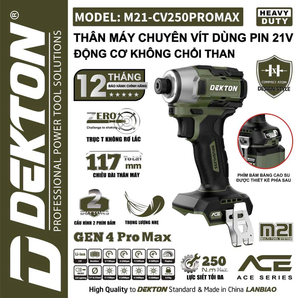 Máy Chuyên Vít Pin 21V Động Cơ Không Chổi Than DEKTON M21-CV250PROMAX