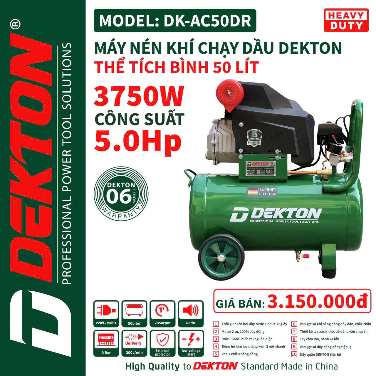 Máy Nén Khí 50L Chạy Dầu DEKTON DK-AC50DR